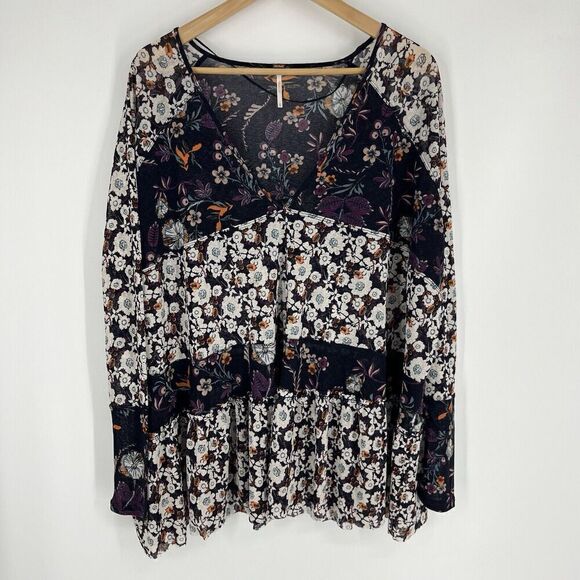 Free People Tunic Top Size XS Purple Isabelle Floral Ruffle Print  Oversized - Picture 1 of 8